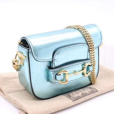 美品 GUCCI グッチ レザー ホースビット チェーンショルダーバッグ メタリックブルー 760253 ショルダーバッグ メタリックブルー ゴールド レザー レディース