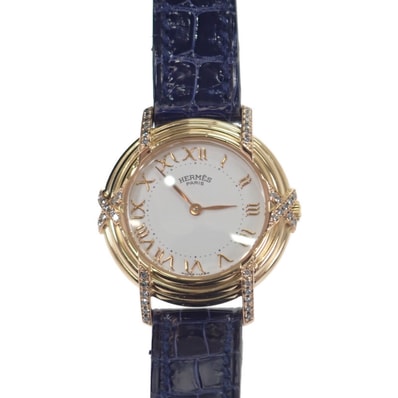 エルメス HERMES ルバン ラグベゼルダイヤ 腕時計 イエローゴールド×ピンクゴールド ネイビー クオーツ ホワイト文字盤 レディース【中古】【Aランク】