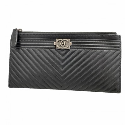 【6ga0193-k】シャネル 長財布 ボーイシャネル/Vステッチ ラムスキン ブラック シルバー金具【中古】レディース