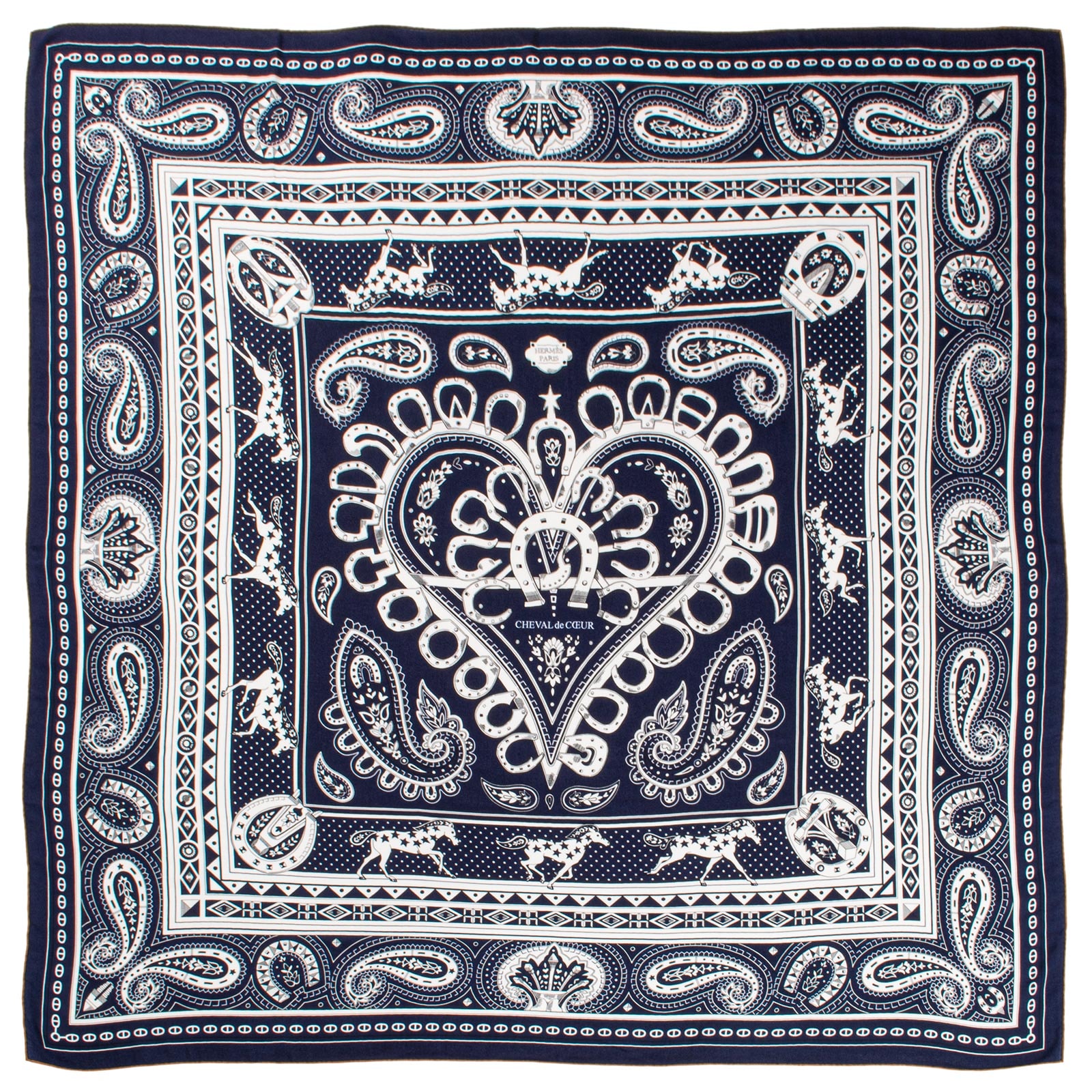 HERMES エルメス スカーフ カレ140 カレジェアン Cheval de Coeur Bandana シュバル ドゥ クール バンダナ 244259S 04 カシシル ストール ショール カシミヤ・シルク ネイビー ホワイト【中古】