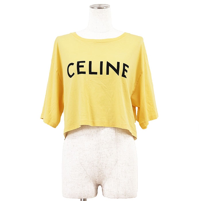 CELINE セリーヌ Tシャツ クロップド サイズ L レディース ロゴ プリント ラウンドネック ショートスリーブ 半袖 カットソー トップス イエロー ブラック 黒 黄 イタリア製