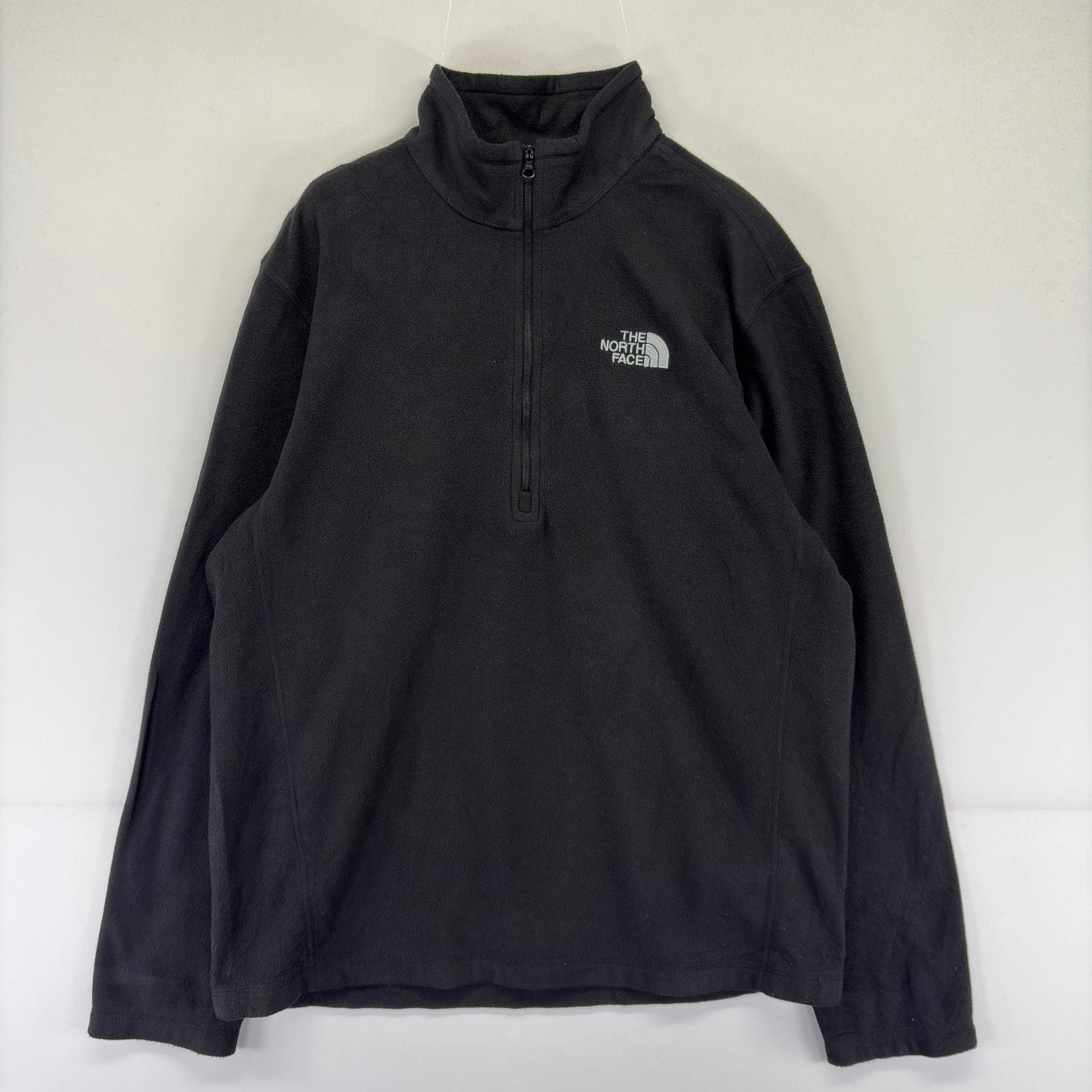 古着 ザ・ノースフェイス THE NORTH FACE フリース トレーナー ハーフジップ ロゴ 刺繍 プルオーバー ワンポイント M  ブラック メンズ