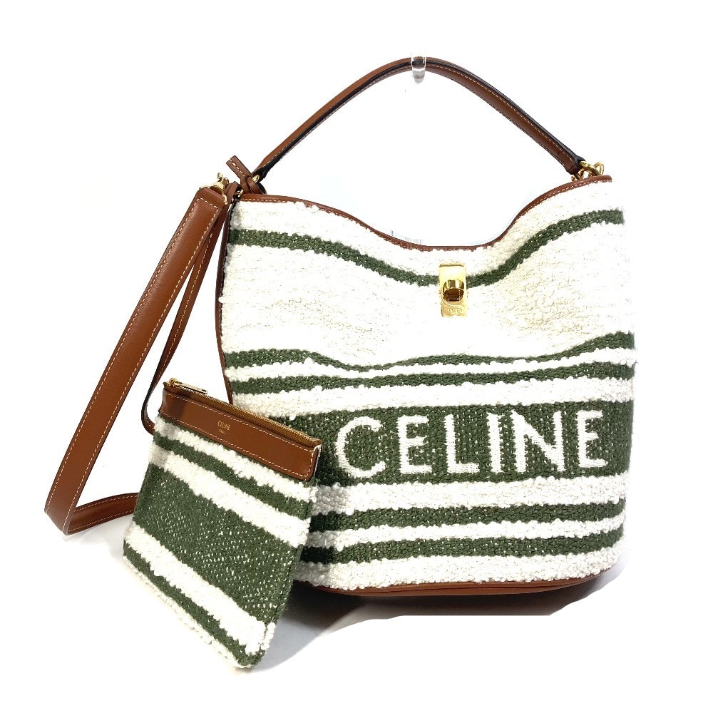 セリーヌ CELINE バケット16(セーズ) ストライプテキスタイル 195572ED3-15KZ ボーダー カバン 2WAY バケットバッグ ショルダーバッグ ハンドバッグ カーフスキン カーキ&タン 美品