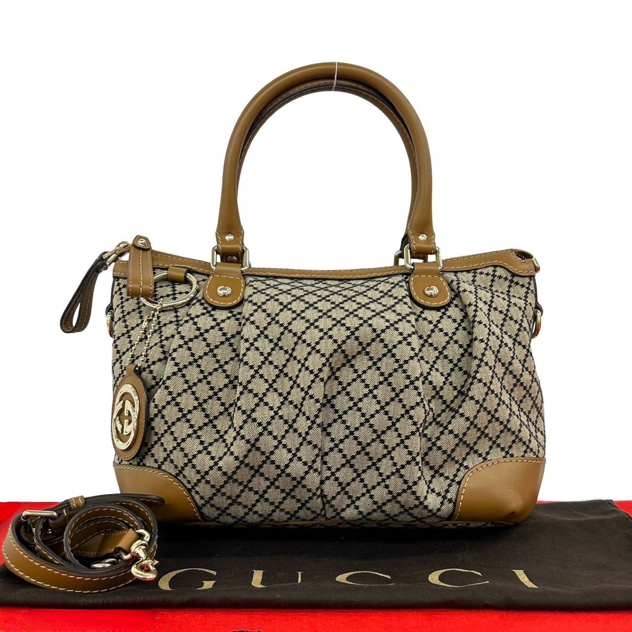 GUCCI グッチ スーキー ディアマンテ キャンバス レザー ショルダーバッグ ベージュ
 836-3