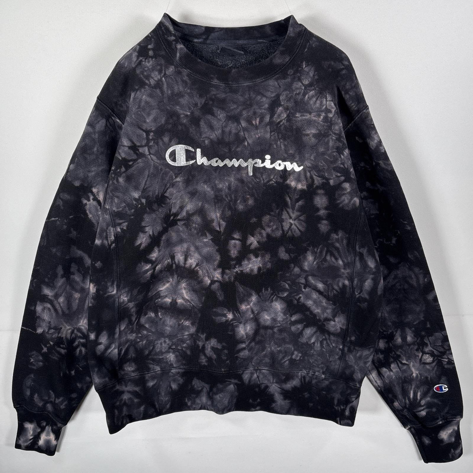 古着 チャンピオン Champion スウェット リバースウィーブ 後染め クルーネック ワッペンロゴ MEDIUM ブラック 総柄 メンズ