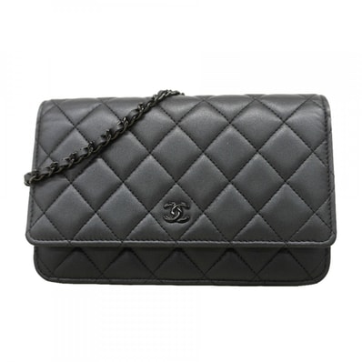【6ec3086】シャネル ショルダーウォレット マトラッセ チェーンショルダー ラムスキン ブラック【中古】レディース