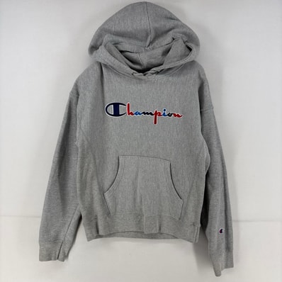 古着 チャンピオン Champion パーカー スウェット 刺繍 リバースウィーブ プルオーバー ロゴ S グレー レディース