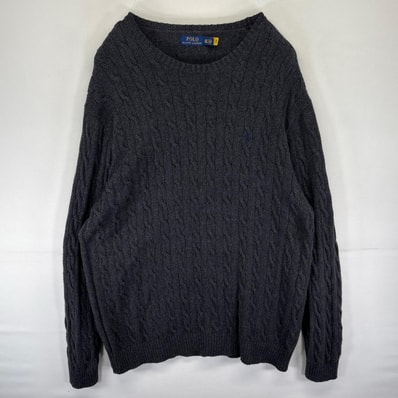 古着 ポロ・ラルフローレン POLO RALPH LAUREN ニット ケーブルニット セーター ワンポイントロゴ 刺繍 2XLT グレー系 無地 メンズ