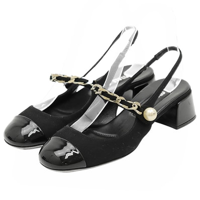 Miu Miu ミュウ ミュウ スリングバックパンプス サイズ 36 レディース エナメル × コットンツイル チェーン × フェイクパール シューズ 革靴 ブラック 黒 イタリア製