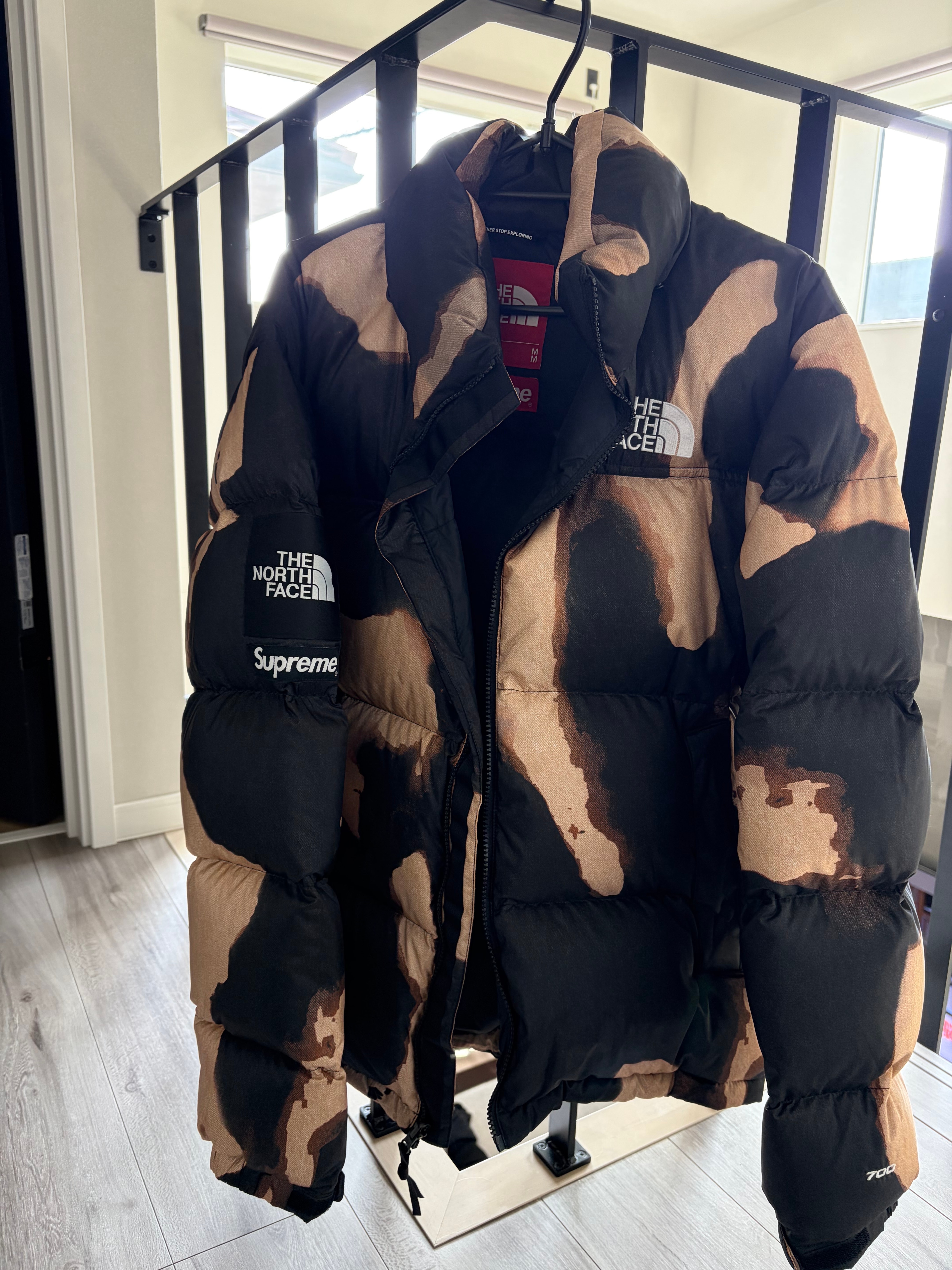 Supreme x The North Face Bleached Denim Print Nuptse Jacket "Black"