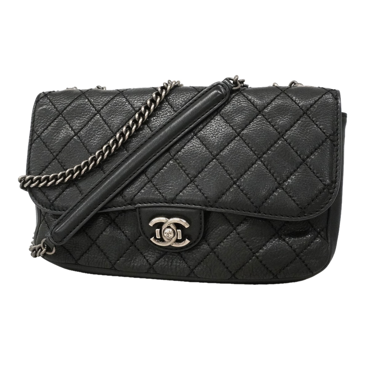 ★SALE【6ka0293】シャネル ショルダーバッグ マトラッセ Wチェーン レザー ブラック シルバー金具【中古】レディース