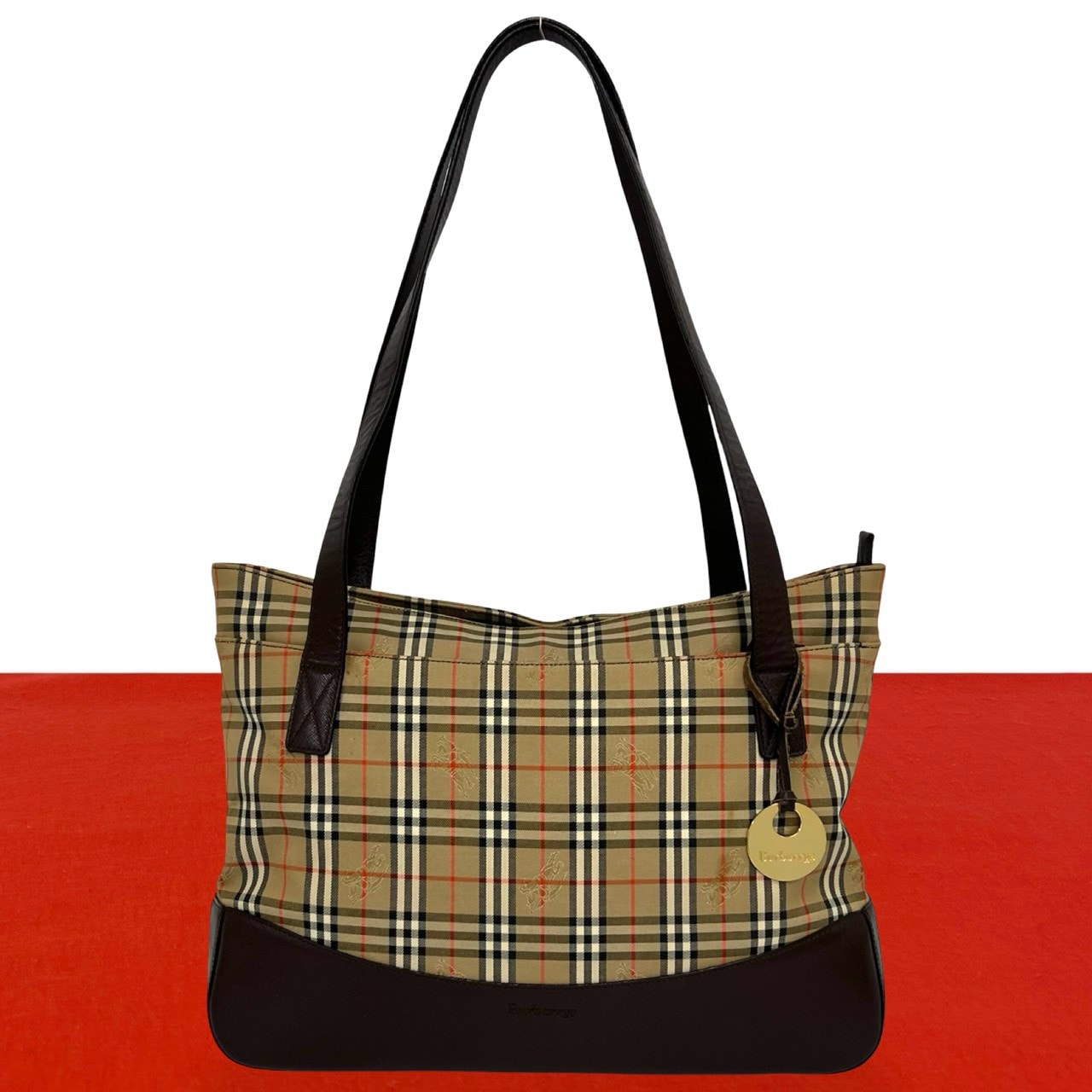 BURBERRY バーバリー ノバチェック 柄 キャンバス レザー トートバッグ ブラウン
 33402