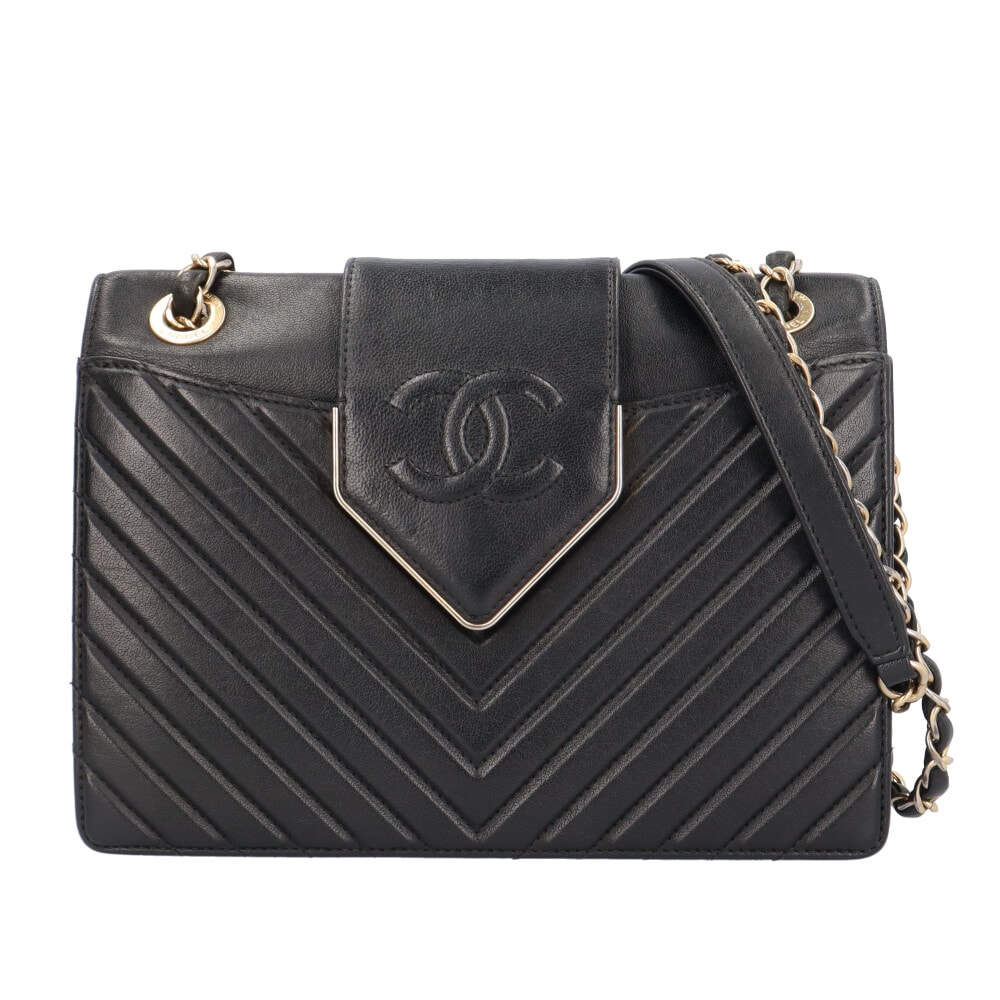 シャネル カラー&タイ Vステッチ ショルダーバッグ レザー ブラック レディース CHANEL  中古