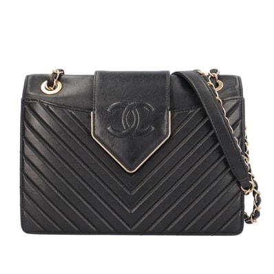 シャネル カラー&タイ Vステッチ ショルダーバッグ レザー ブラック レディース CHANEL 中古