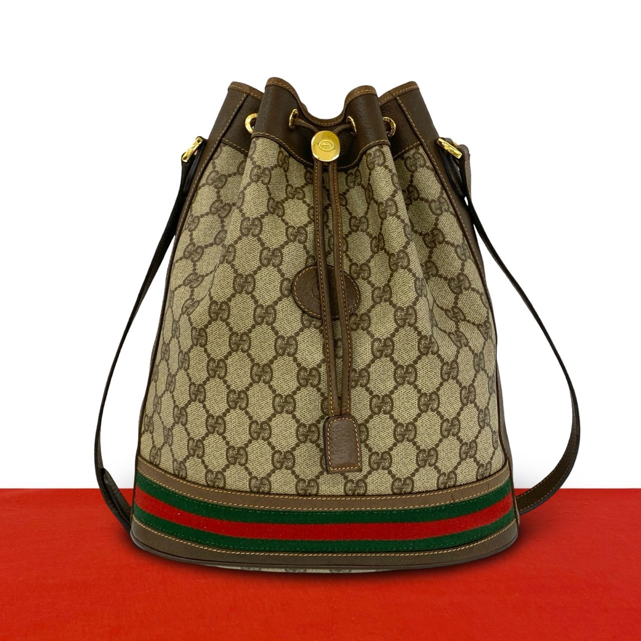 GUCCI グッチ シェリーライン GG 柄 レザー PVC ショルダーバッグ ブラウン
 d83-4