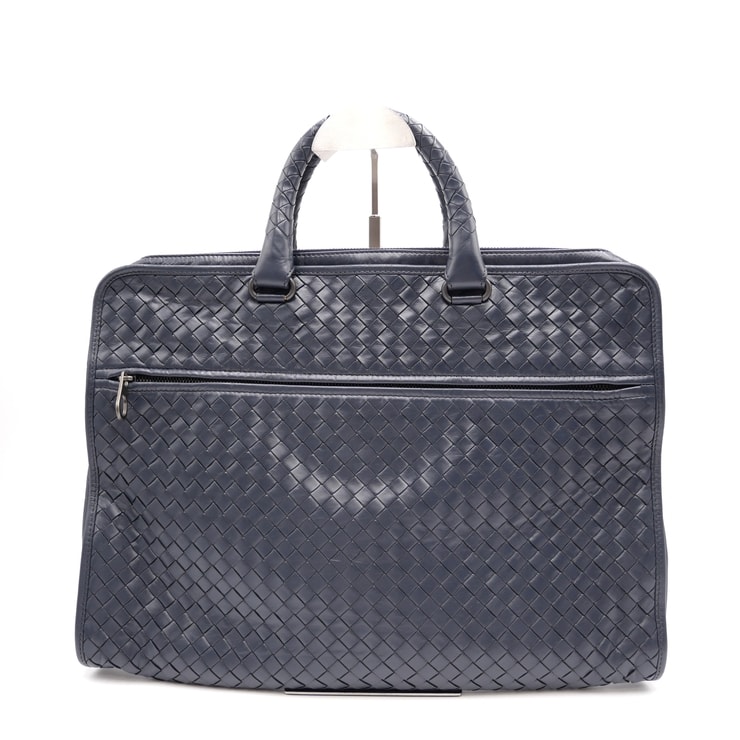 BOTTEGA VENETA(ボッテガ・ヴェネタ)イントレチャート ビジネスバッグ ブリーフケース ハンドバッグ ネイビー レザー 編み込み ファスナー開閉 メンズ レディース ユニセックス【中古】