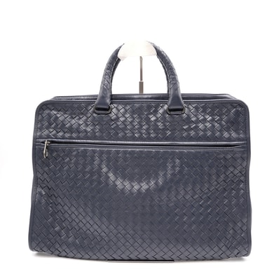 BOTTEGA VENETA(ボッテガ・ヴェネタ)イントレチャート ビジネスバッグ ブリーフケース ハンドバッグ ネイビー レザー 編み込み ファスナー開閉 メンズ レディース ユニセックス【中古】