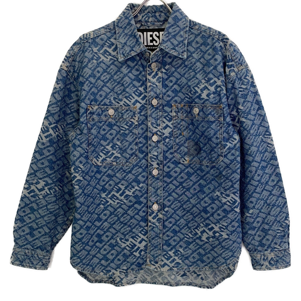 ディーゼル 00SWGJ D-ROXY ブルー コットン ロゴ総柄 デニムシャツ XS