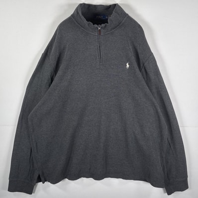 古着 ポロ・ラルフローレン POLO RALPH LAUREN コットンニット ハーフジップ ワンポイント刺繍ロゴ ESTATE RIB 14041 グレー メンズ