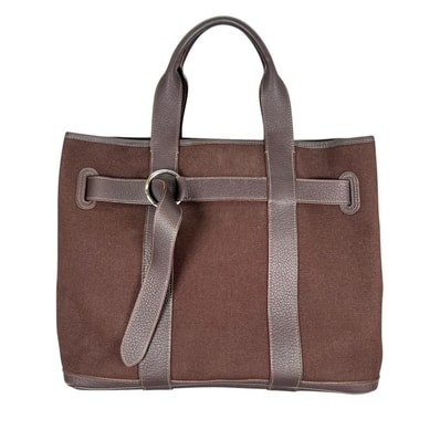 HERMES エルメス トートバッグ プティットサンチュールMM ビジネスバッグ □J刻印 キャンバス レザー ブラウン 茶 シルバー金具 レディース 美品 2006年【中古品】