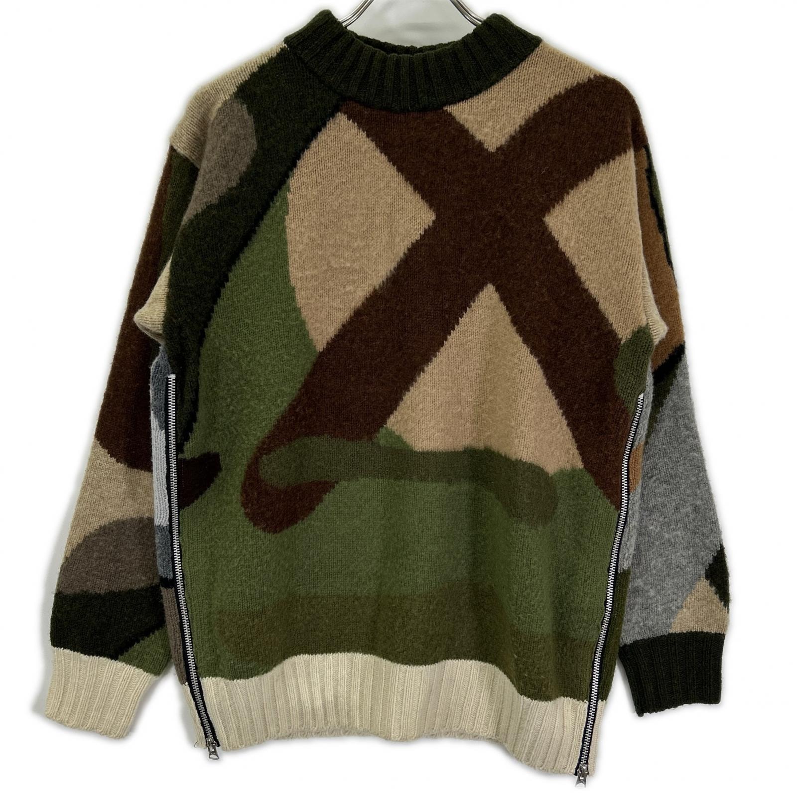 サカイ 【×KAWS】21年製 21-02579M グリーン×ブラウン 総柄 ジャガードニットプルオーバー 1