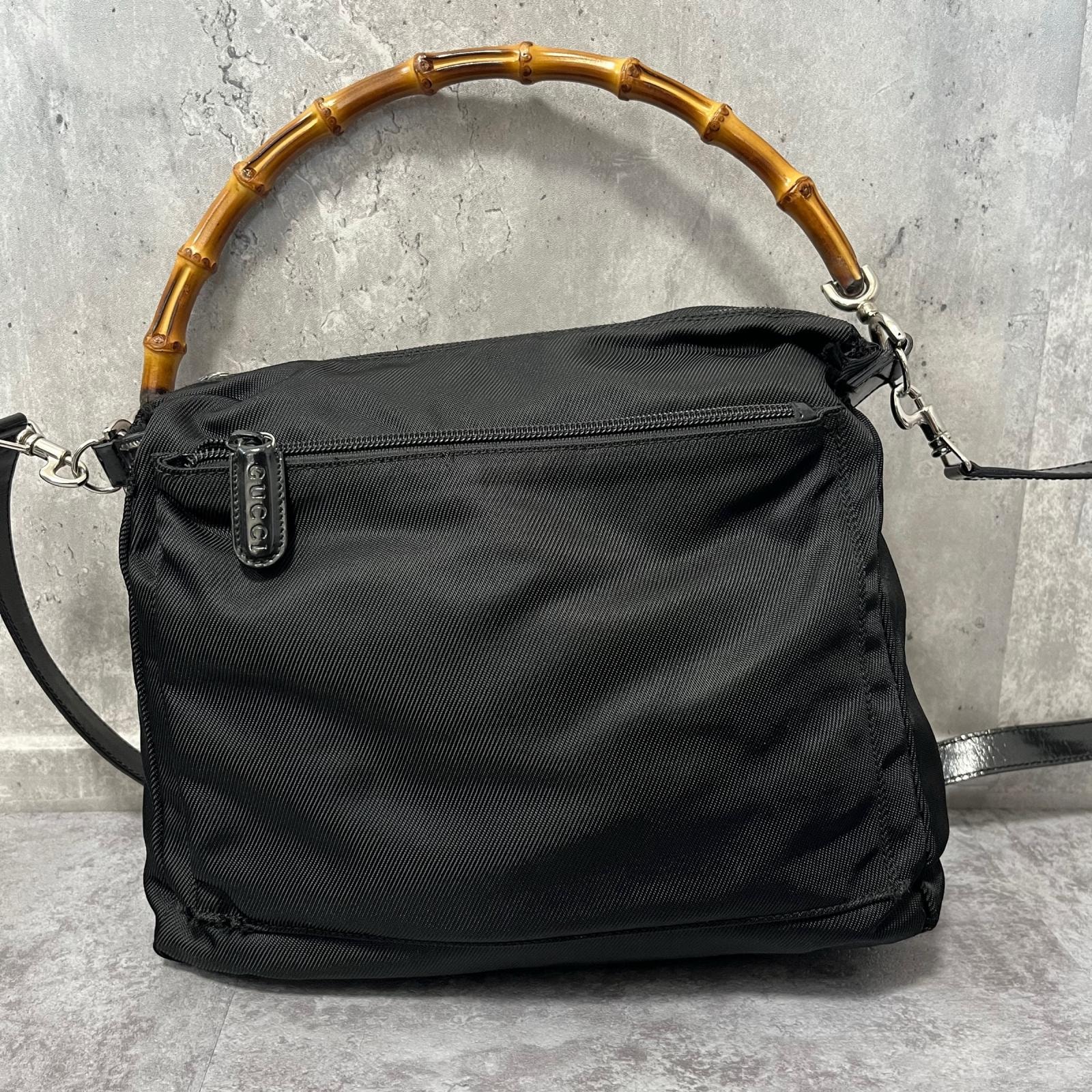 【GUCCI】グッチ 2WAY ハンドバッグ ショルダーバッグ ブラック ナイロン レザー バンブーハンドル シルバー金具 斜め掛け レディース 軽量
