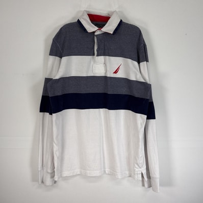 古着 ノーティカ NAUTICA 長袖 ポロシャツ 両面 ロゴ ボーダー ラガーシャツ風 エルボーパッチ S ホワイト系 マルチカラー メンズ