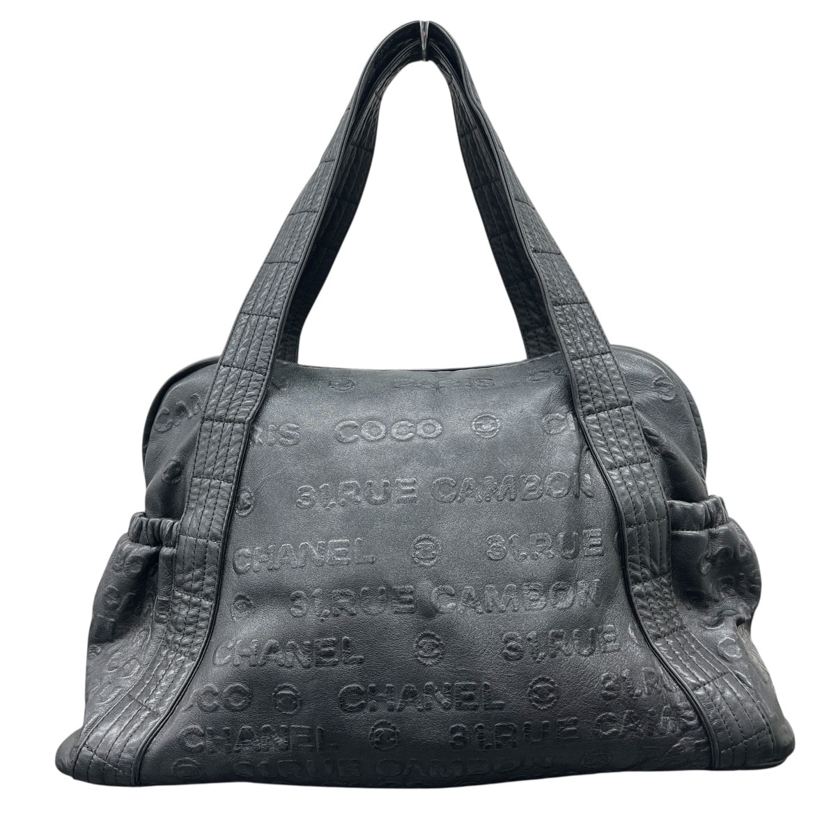 CHANEL 希少 シャネル アンリミテッド ロゴ ハンドバッグ ミニボストンバッグ A46123 レザー 12番台 ブラック エンボスレザー 旅行バッグ ボストン ユニセックス Bランク 中古 鑑定済 シャネルバッグ