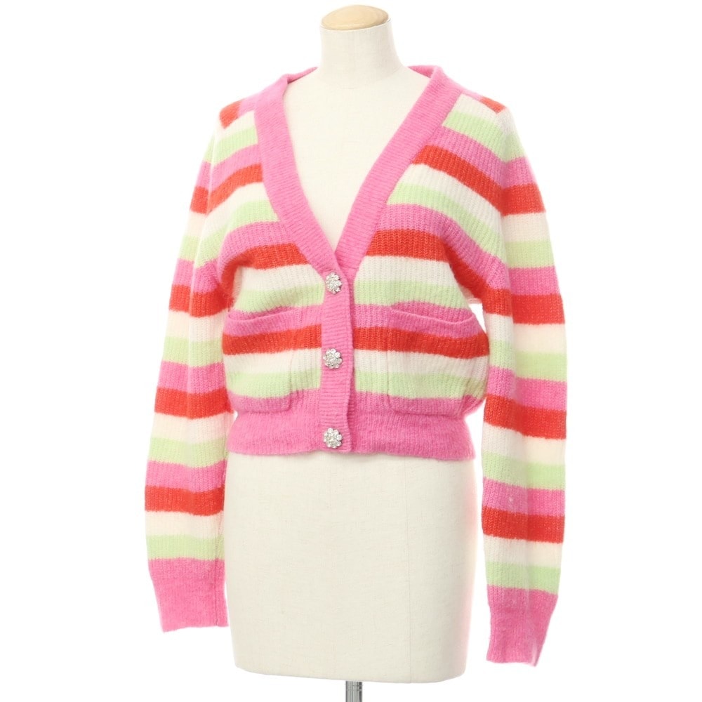 【中古】ガニー GANNI アルパカウール ボーダー ビジューボタン カーディガン ピンクxレッド【サイズS】【レディース】