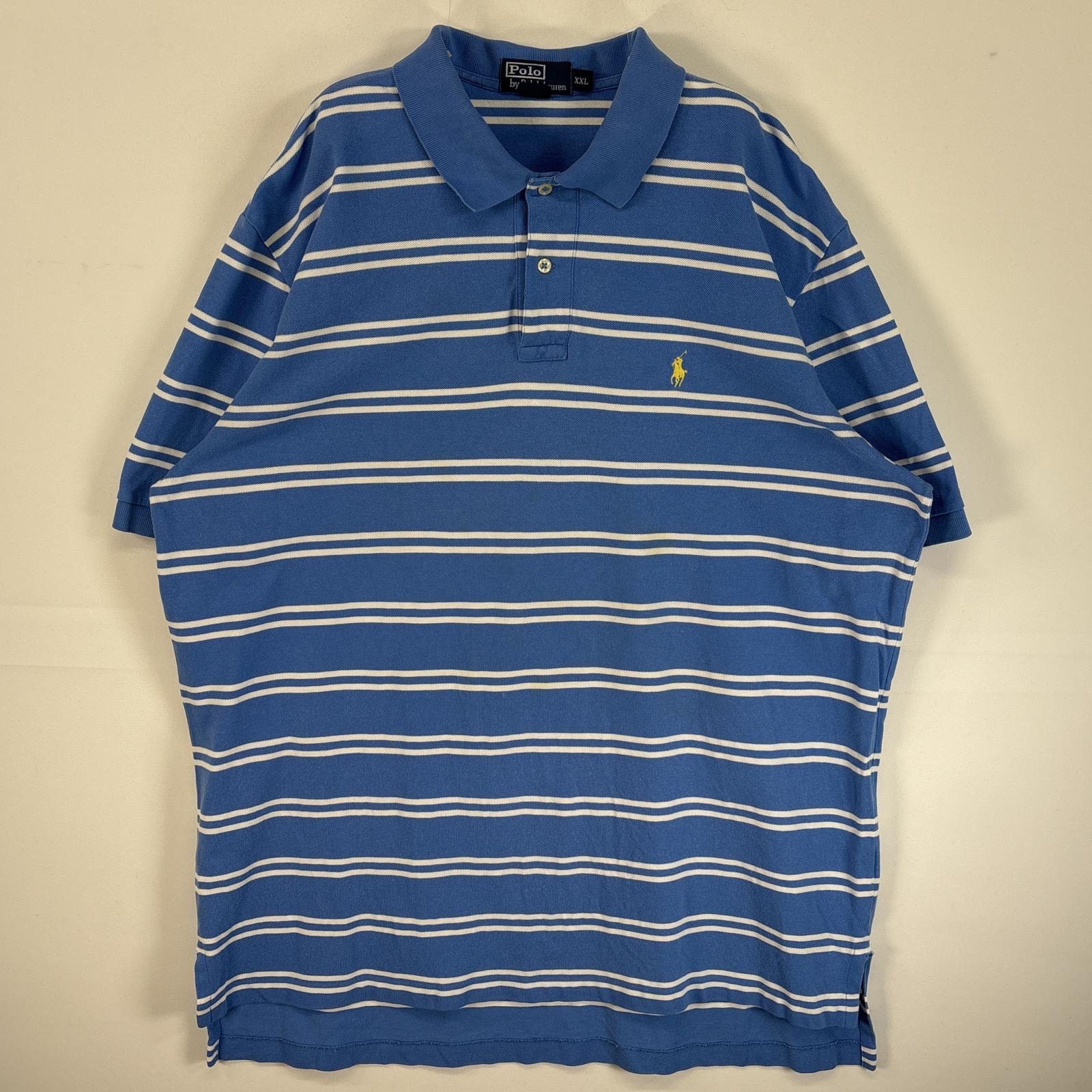 古着 90's/90年代 ポロバイラルフローレン Polo by Ralph Lauren 鹿の子 半袖 ポロシャツ ロゴ 刺繍 大きいサイズ 2ボタン 14041  ブルー系 ボーダー メンズ