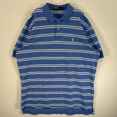 古着 90's/90年代 ポロバイラルフローレン Polo by Ralph Lauren 鹿の子 半袖 ポロシャツ ロゴ 刺繍 大きいサイズ 2ボタン 14041 ブルー系 ボーダー メンズ