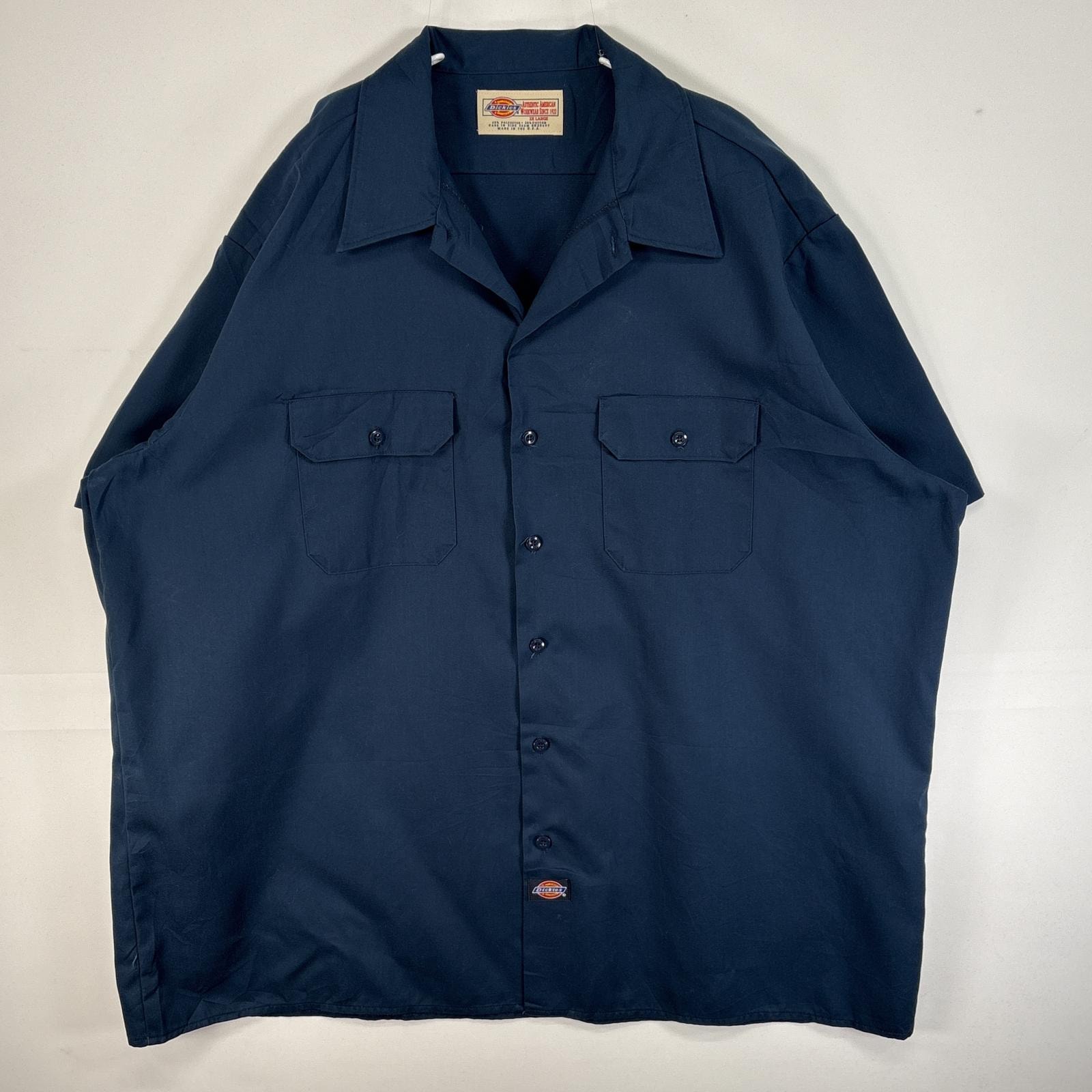 古着 90's/90年代 ディッキーズ Dickies 半袖シャツ ワーク 作業着 フラップポケ 大きいサイズ USA製 ワンポイント ロゴ カラーステイ 3X LARGE  ネイビー 無地 メンズ