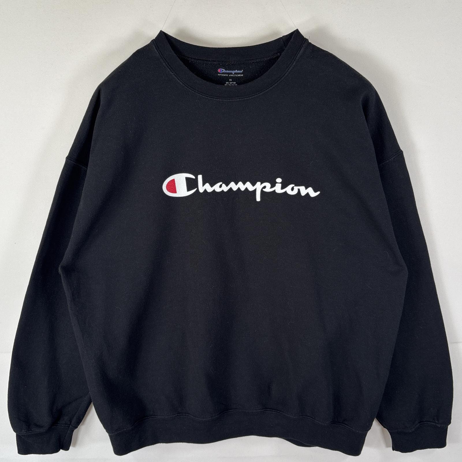 古着 チャンピオン Champion スウェット トレーナー クルーネック プルオーバー ビッグロゴプリント 大きいサイズ 2X  ブラック メンズ