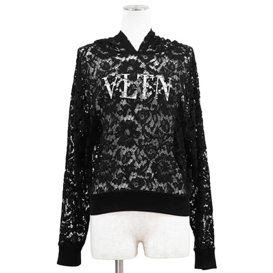 【極美品】Valentino ヴァレンチノ レイヤーパーカー サイズ表記不明 レディース レース フーディー VLTN ロゴ トップス ブラック 黒 イタリア製