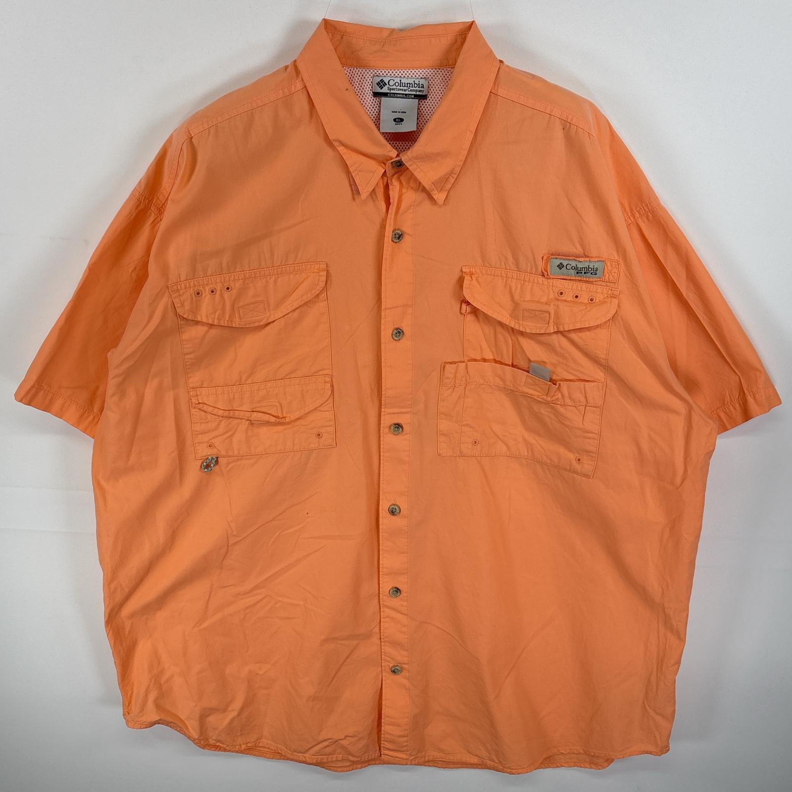 古着 コロンビア Columbia 半袖シャツ PFG ワンポイント ロゴ フラップポケ XL オレンジ 無地 メンズ