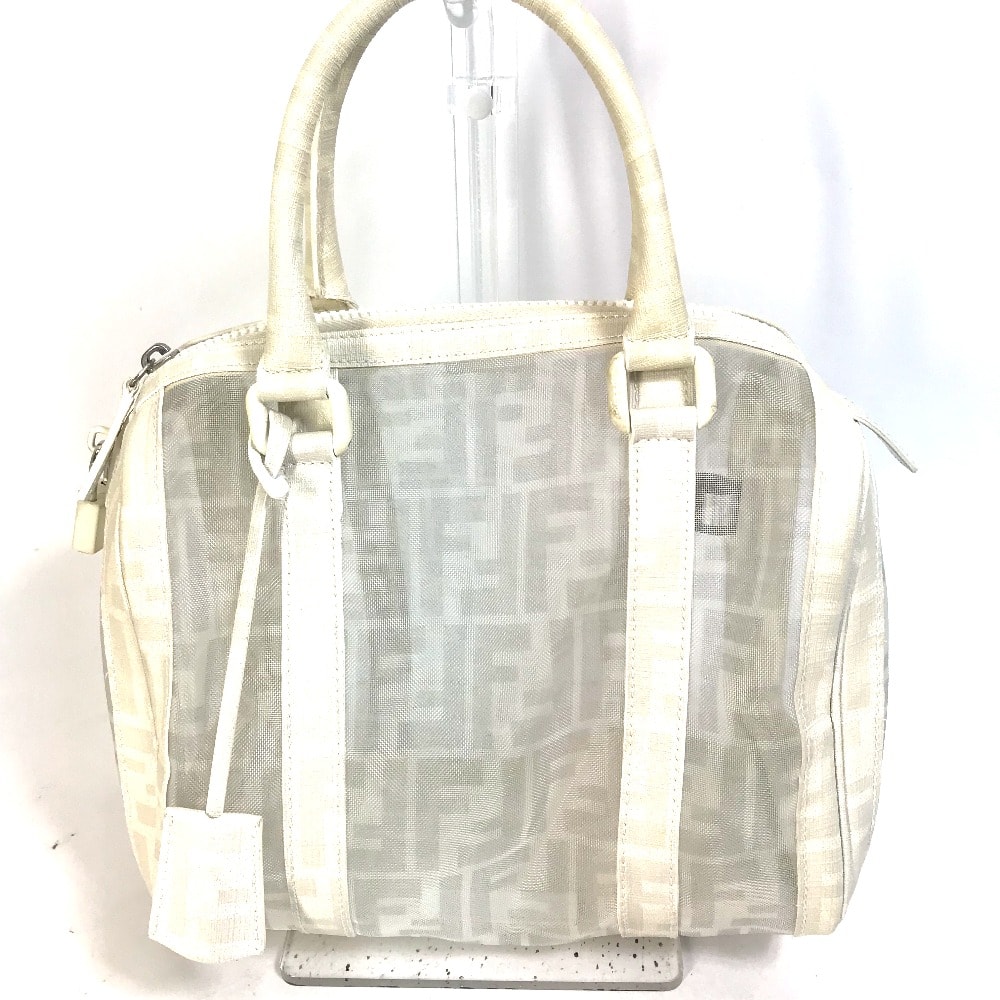 フェンディ FENDI ズッカ メッシュ ハンドバッグ カバン ミニ ボストンバッグ レザー ホワイト