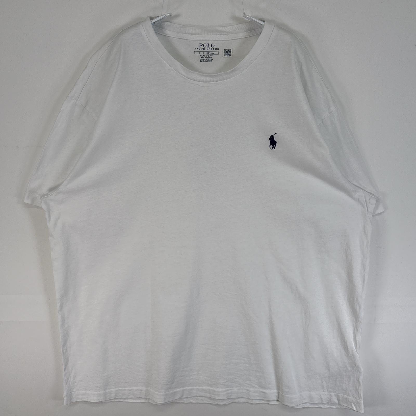 古着 ポロ・ラルフローレン POLO RALPH LAUREN 半袖Tシャツ ロゴ 刺繍 クルーネック シングルステッチ L  ホワイト 無地 メンズ