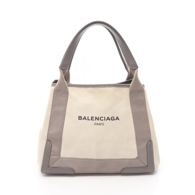 バレンシアガ BALENCIAGA NAVY CABAS S ネイビーカバ トートバッグ バッグ キャンバス レザー レディース アイボリー系 / グレー系 339933 【中古】