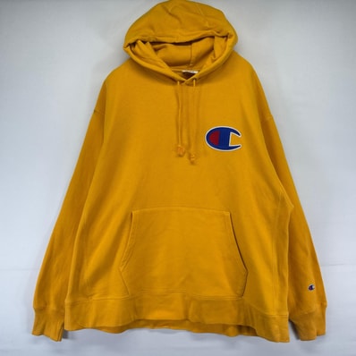 古着 チャンピオン Champion パーカー フーディー プルオーバー ワッペン リバースウィーブ 大きいサイズ 2XL イエロー系 メンズ