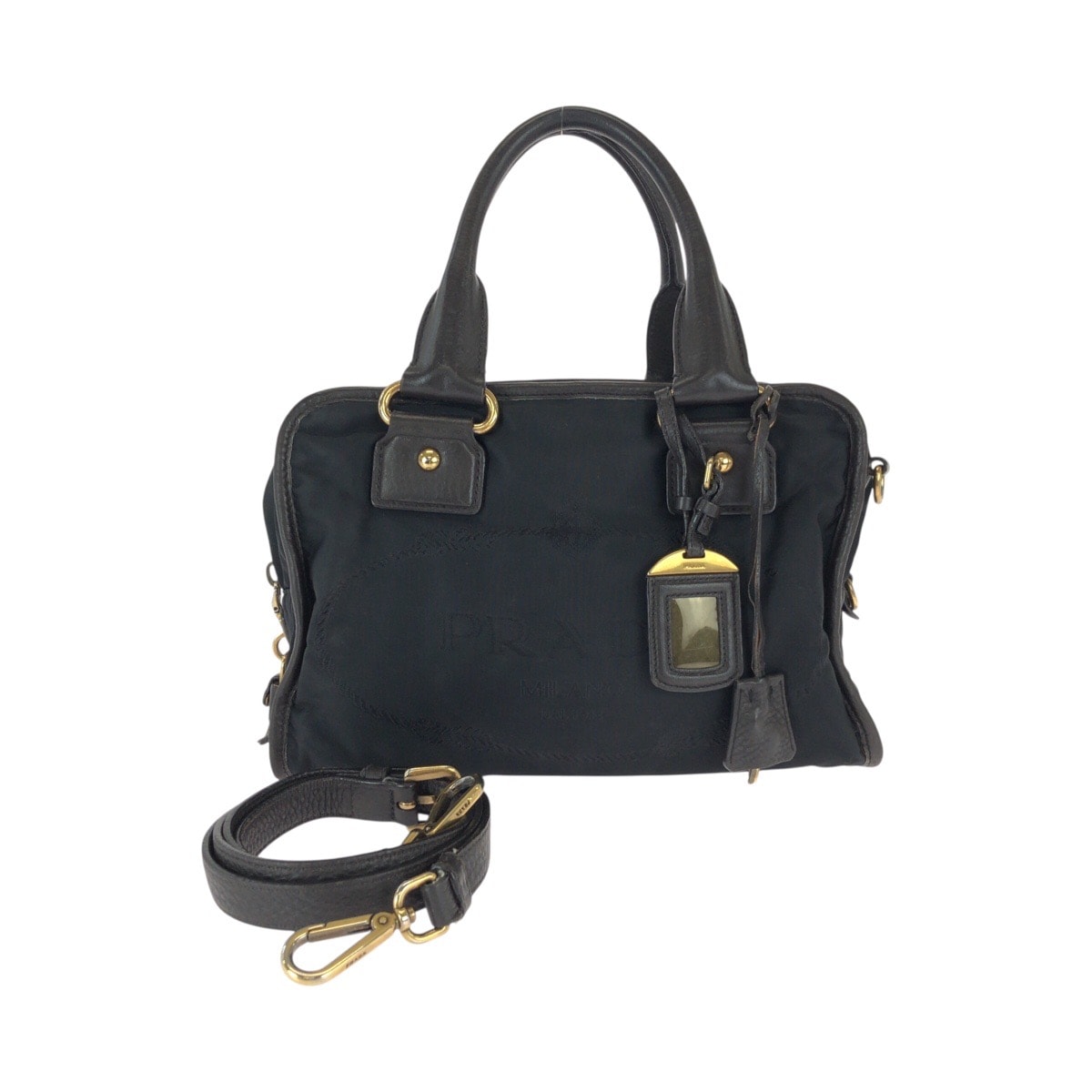 美品 PRADA プラダ 三角ロゴプレート ブラック 黒 ゴールド金具 ナイロン レザー/ ハンドバッグ ショルダーバッグ 600785 【中古】