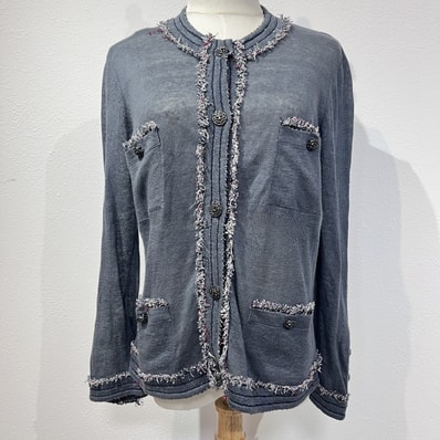 CHANEL(シャネル) フリンジトリム カーディガン ヴィンテージ ニットジャケット グレー系 ココマークボタン サイズ40 レディース【中古】