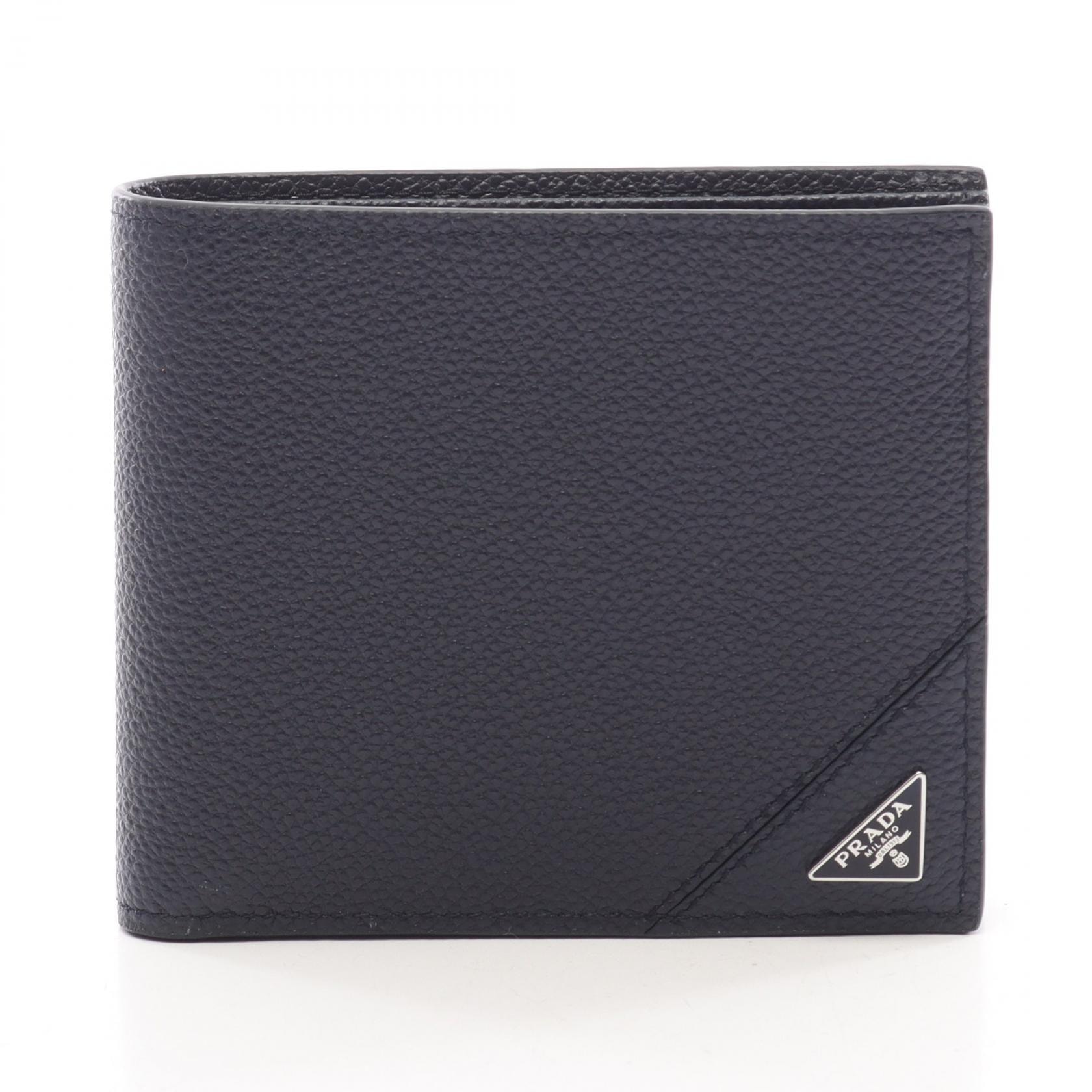 プラダ PRADA VIT.MICRO GRAIN 二つ折り財布 財布 レザー メンズ レディース ネイビー系 2M0738 【中古】