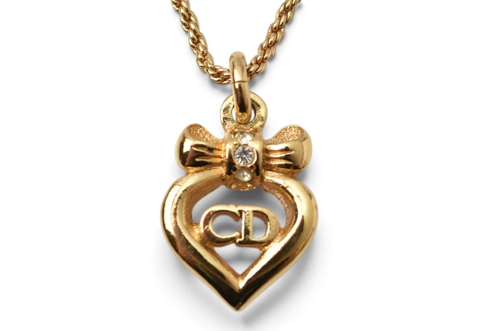 クリスチャンディオール ネックレス Christian Dior ヴィンテージ CDロゴ ハート/リボン ラインストーン【中古】