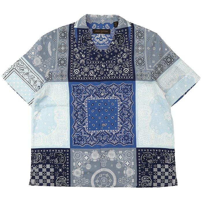 【美品】LOUIS VUITTON ルイ・ヴィトン シャツ サイズ XXL メンズ バンダナ パッチワーク ペイズリー柄 ロゴ モノグラム ショートスリーブ 半袖 トップス ブルー系 青 総柄 イタリア製
