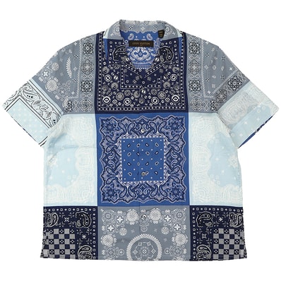 【美品】LOUIS VUITTON ルイ・ヴィトン シャツ サイズ XXL メンズ バンダナ パッチワーク ペイズリー柄 ロゴ モノグラム ショートスリーブ 半袖 トップス ブルー系 青 総柄 イタリア製