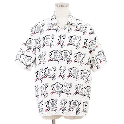 美品 モンクレール 2022年製 ワッペン ロゴ 総柄 半袖シャツ メンズ ホワイト レッド ブラック XS MONCLER
