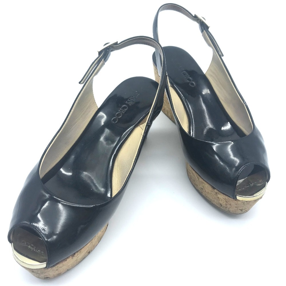 ジミーチュウ JIMMY CHOO コルクウェッジソール 365PRAISE レディースシューズ オープン トゥ サンダル パテントレザー ブラック×ベージュ