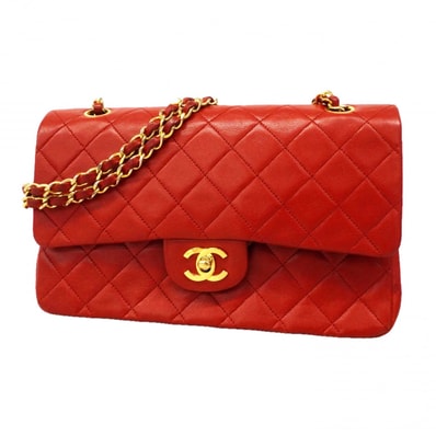 【6dc2541】シャネル ショルダーバッグ マトラッセ Wフラップ Wチェーン ラムスキン レッド ゴールド金具【中古】レディース