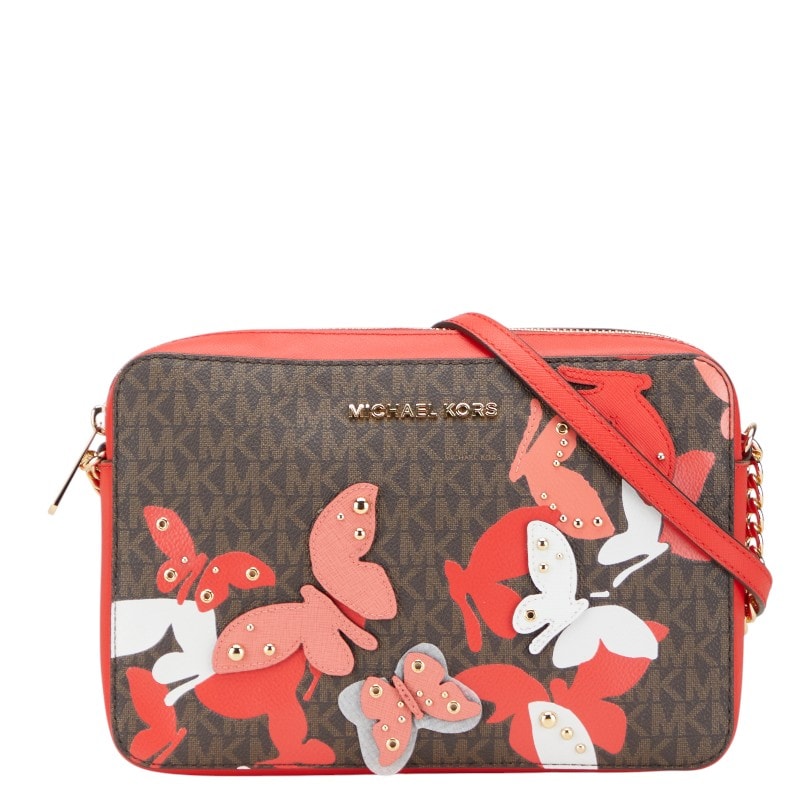 マイケルコース MKシグネチャー バタフライ 蝶 ショルダーバッグ ブラウン オレンジ PVC レザー レディース Michael Kors 中古