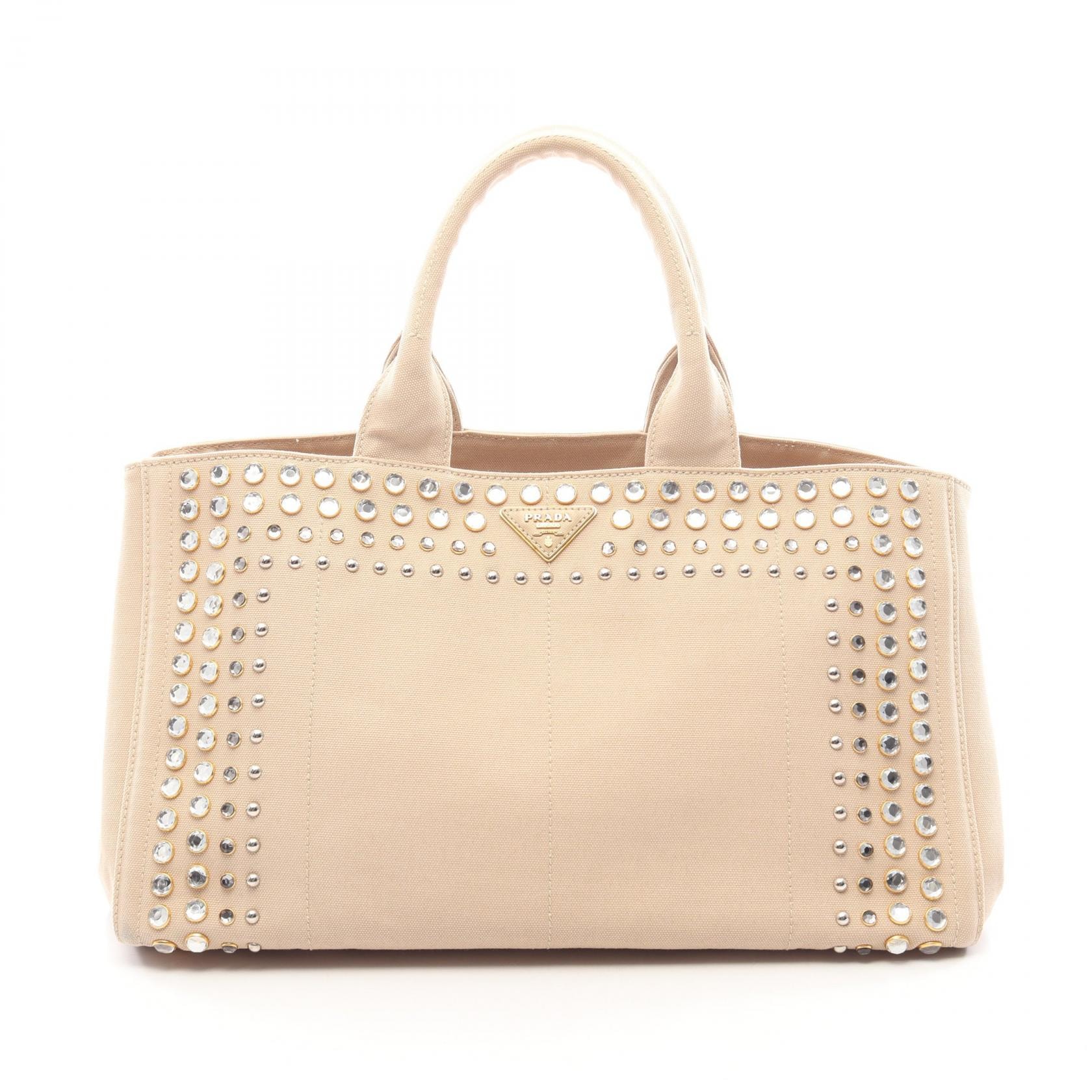 プラダ PRADA CANAPA カナパ ビジュー トートバッグ バッグ キャンバス レディース ベージュ系 【中古】